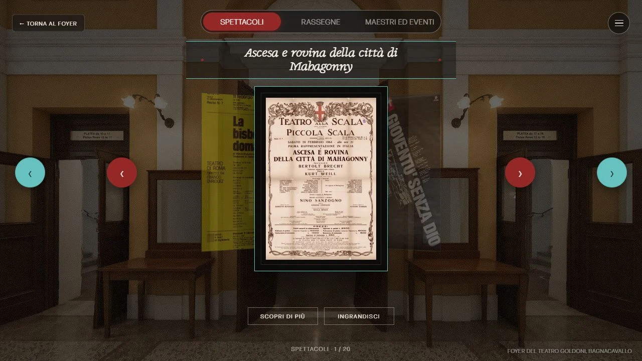 La consultazione: sfogliare, leggere una scheda, ingrandire un dettaglio. L’interfaccia accompagna le opere senza sovrapporsi alla loro grafica.